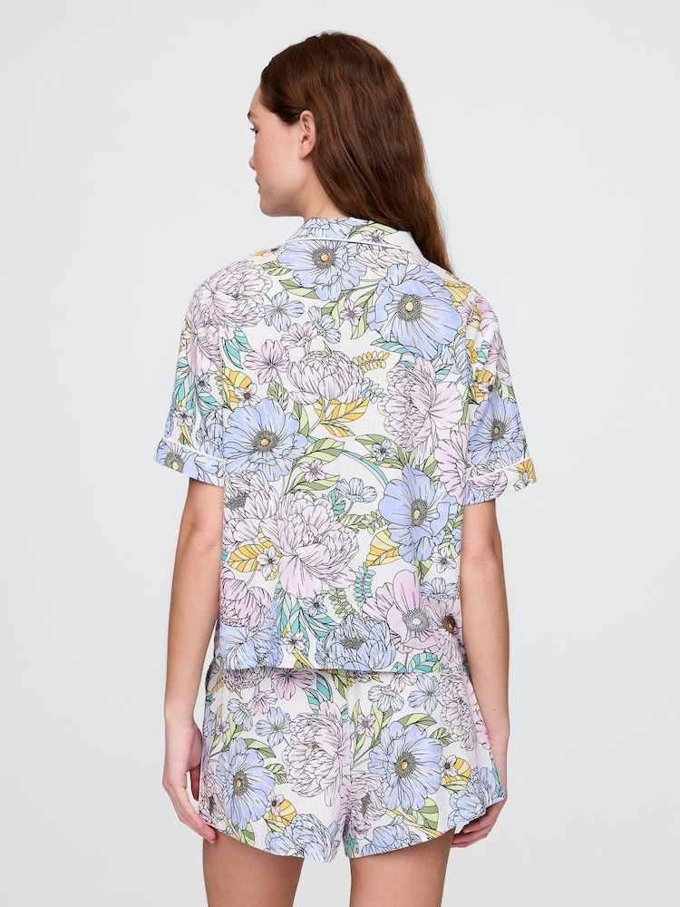 Gap Pink Floral Linen-Blend Short Sleeve Pyjama Shirt - Image 2 of 5 Gap Pink Floral Linen-Blend Short Sleeve Pyjama Shirt - Image 2 of 5