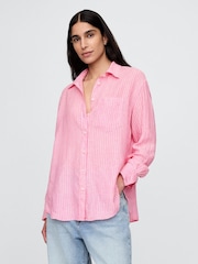 Gap Pink Pinstripe 100% Linen Button Down Long Sleeve Oversized Shirt - Image 1 of 5