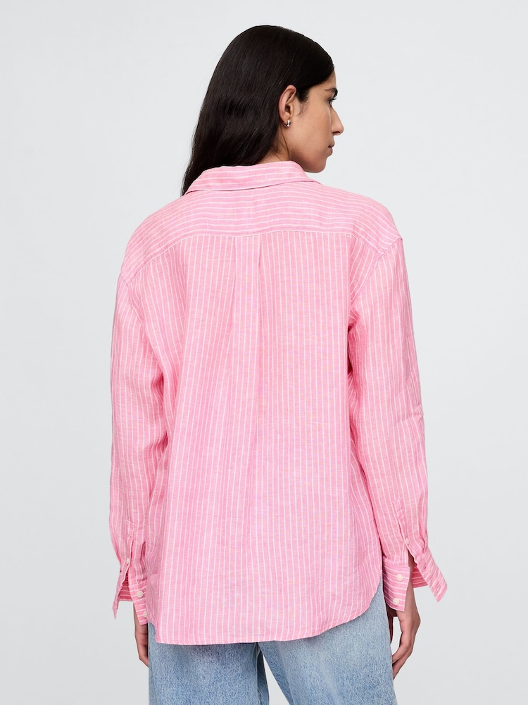 Gap Pink Pinstripe 100% Linen Button Down Long Sleeve Oversized Shirt - Image 2 of 5