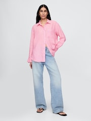 Gap Pink Pinstripe 100% Linen Button Down Long Sleeve Oversized Shirt - Image 3 of 5
