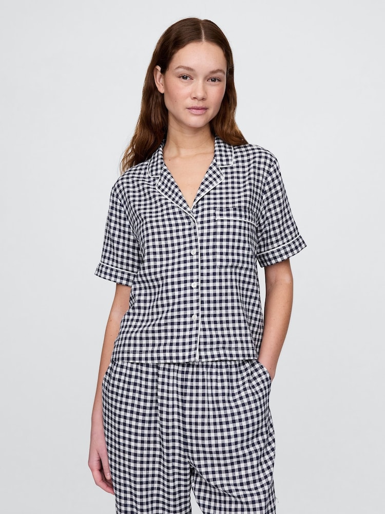 Gap Blue Gingham Linen-Blend Short Sleeve Pyjama Shirt - Image 1 of 4