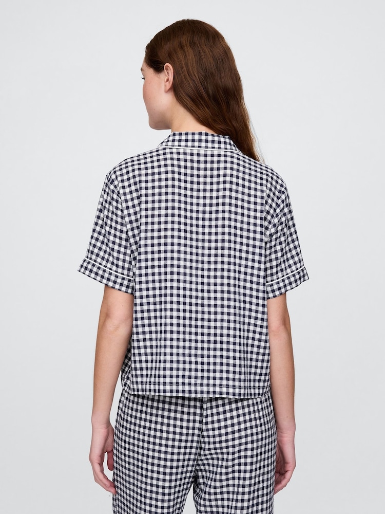 Gap Blue Gingham Linen-Blend Short Sleeve Pyjama Shirt - Image 2 of 4