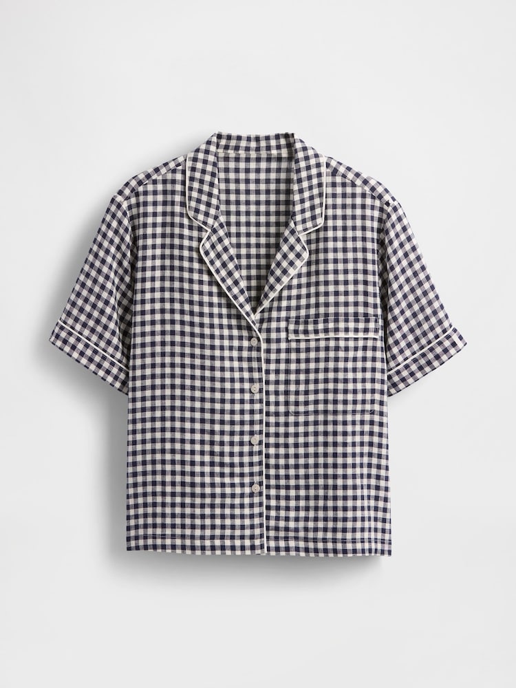 Gap Blue Gingham Linen-Blend Short Sleeve Pyjama Shirt - Image 4 of 4