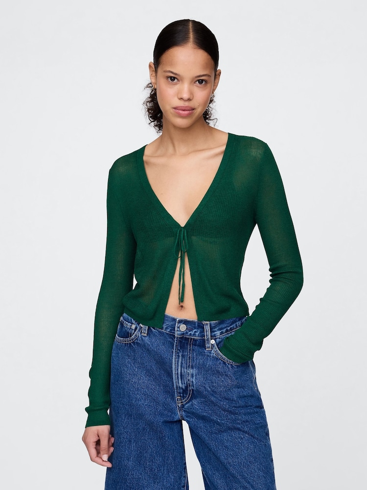 Gap Green Sheer Rib Cropped Tie-Front Cardigan - Image 1 of 5