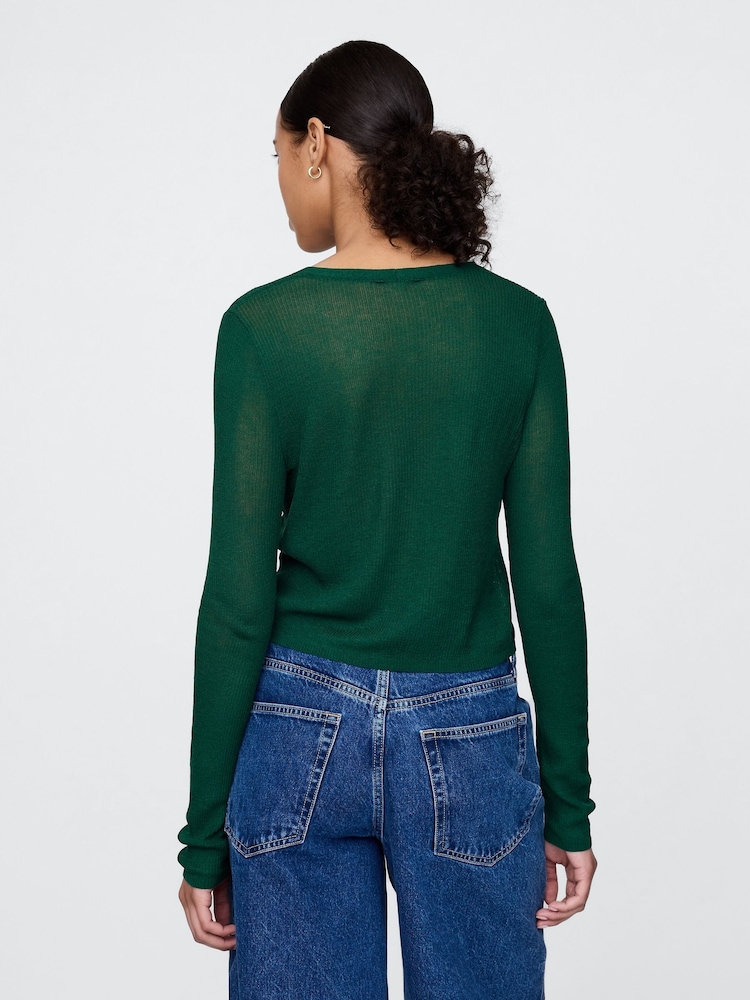 Gap Green Sheer Rib Cropped Tie-Front Cardigan - Image 2 of 5 Gap Green Sheer Rib Cropped Tie-Front Cardigan - Image 2 of 5