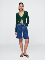 Gap Green Sheer Rib Cropped Tie-Front Cardigan - Image 3 of 5