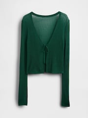 Gap Green Sheer Rib Cropped Tie-Front Cardigan - Image 4 of 5