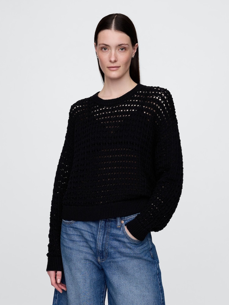 Gap Black 100% Cotton Oversized Crochet Crew Neck Jumper - Image 1 of 5