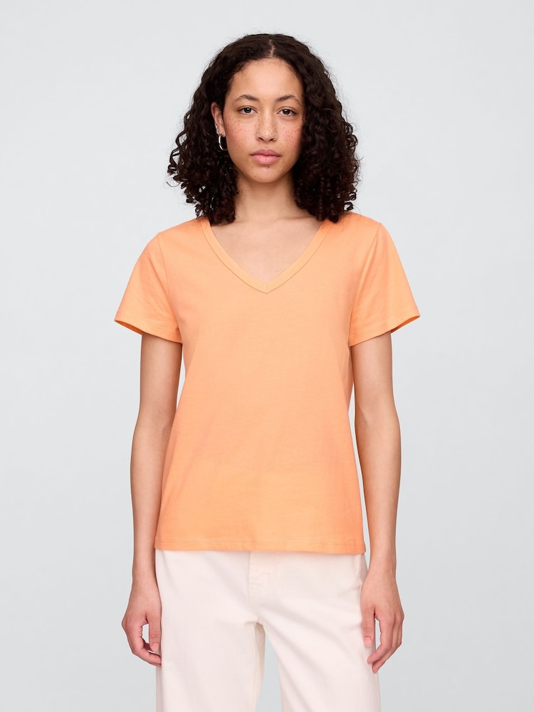 Gap Orange V-Neck Favourite Cotton Short Sleeve T-Shirt - Image 1 of 5 Gap Orange V-Neck Favourite Cotton Short Sleeve T-Shirt - Image 1 of 5