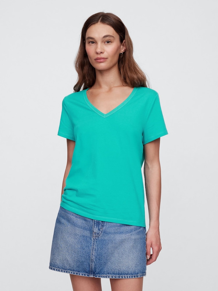 Gap Green V-Neck Favourite Cotton Short Sleeve T-Shirt - Image 1 of 5
