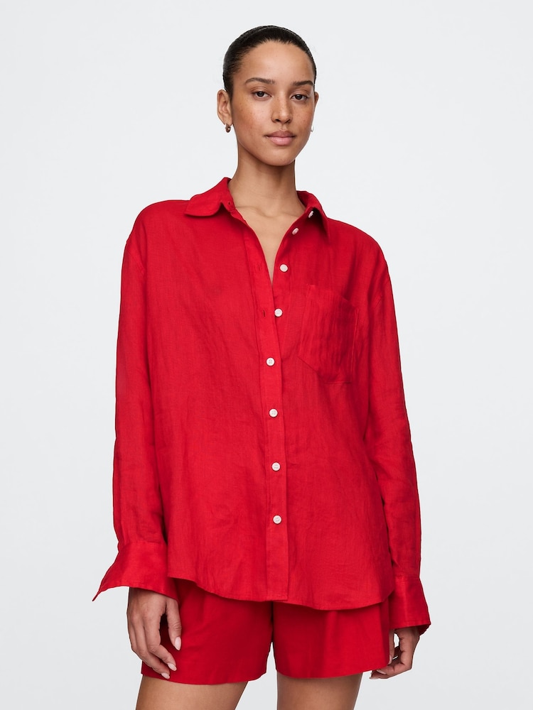 Rojo - Gap 100% Linen Button Down Long Sleeve Oversized Shirt - Imagen 1 de 4 Rojo - Gap 100% Linen Button Down Long Sleeve Oversized Shirt - Imagen 1 de 4