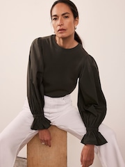 Mint Velvet Green Fluted Sleeve Sweatshirt - Image 1 of 7