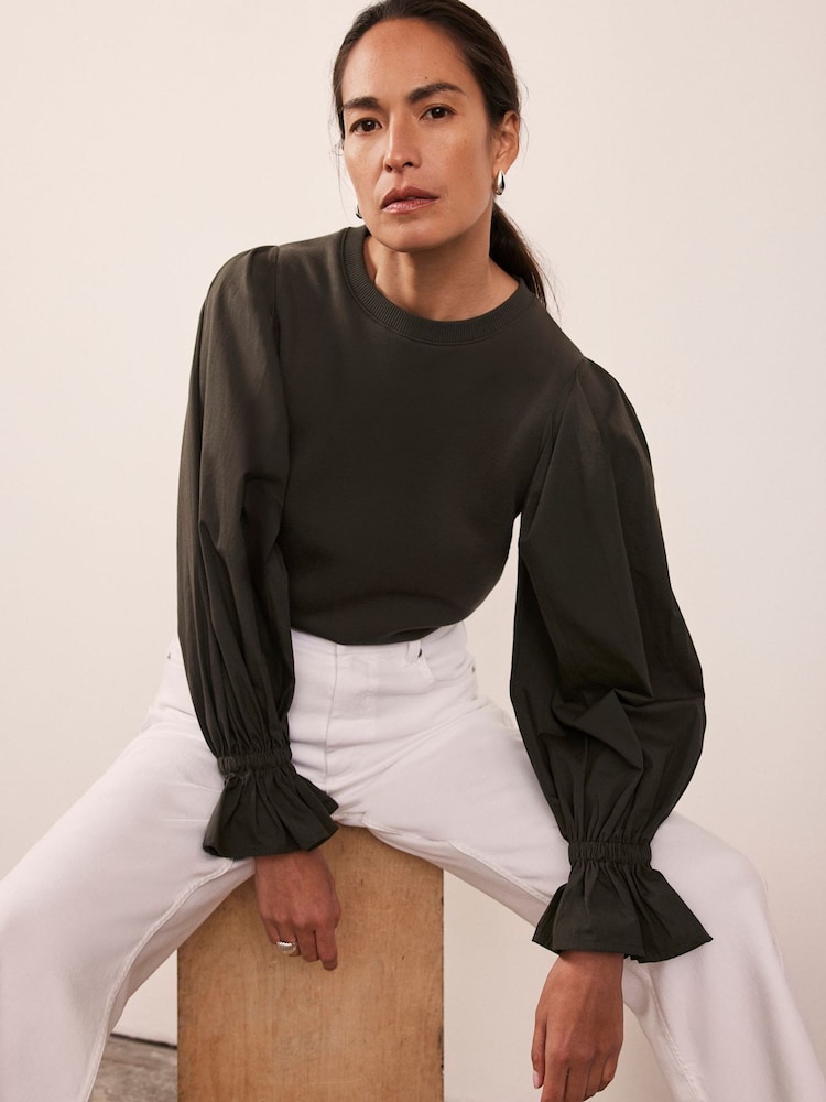 Mint Velvet Green Fluted Sleeve Sweatshirt - Image 1 of 7