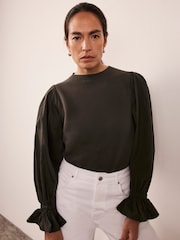Mint Velvet Green Fluted Sleeve Sweatshirt - Image 3 of 7