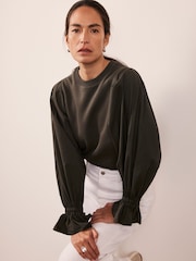 Mint Velvet Green Fluted Sleeve Sweatshirt - Image 4 of 7