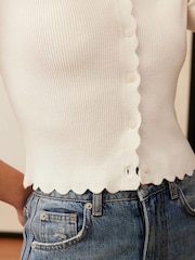 Mint Velvet White Scallop Trim Ribbed Cardigan - Image 4 of 7