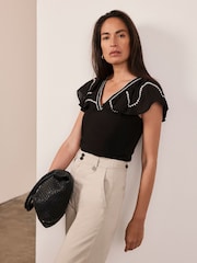 Mint Velvet Black Contrast Embroidered 100% Cotton Blouses - Image 3 of 8