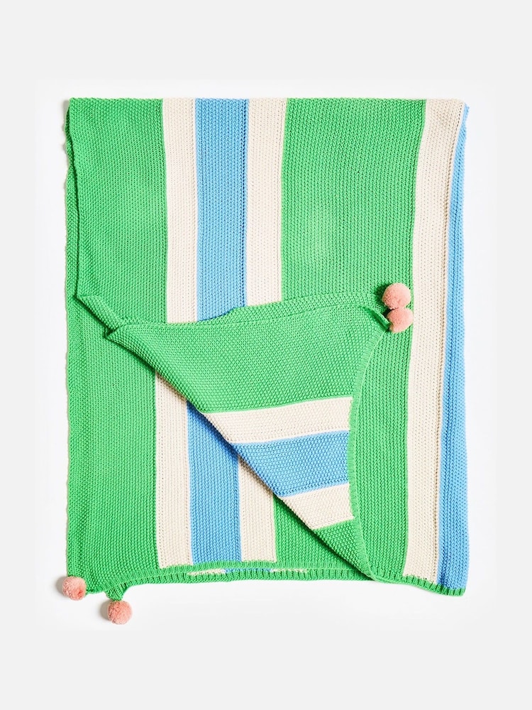 Oliver Bonas Green Striped Knitted 100% Cotton Throw - Image 2 of 5