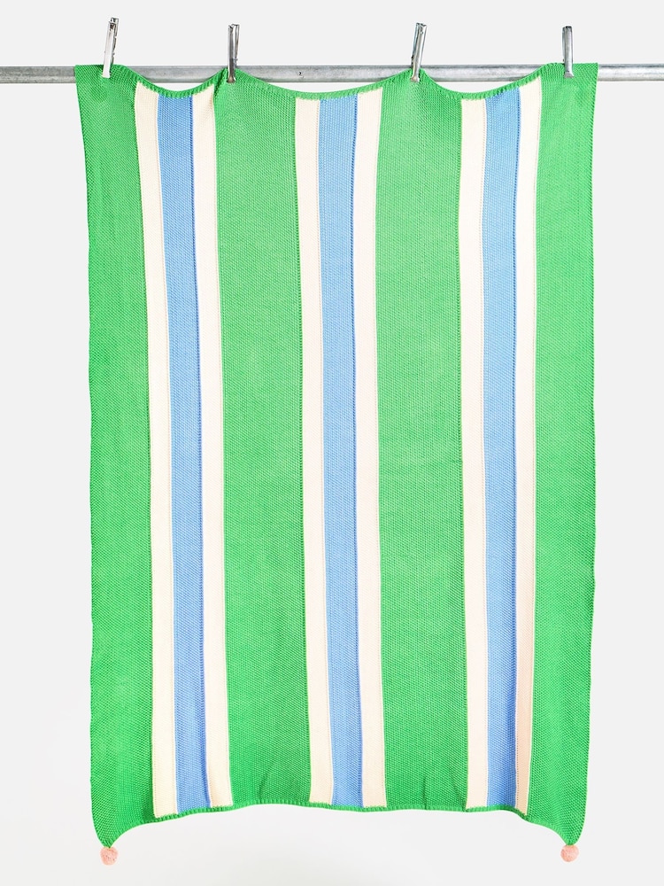 Oliver Bonas Green Striped Knitted 100% Cotton Throw - Image 5 of 5