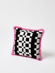 Oliver Bonas Black Embroidered Geometric Fringed Cushion Cover - Image 1 of 4