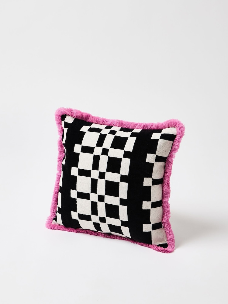 Oliver Bonas Black Embroidered Geometric Fringed Cushion Cover - Image 1 of 4