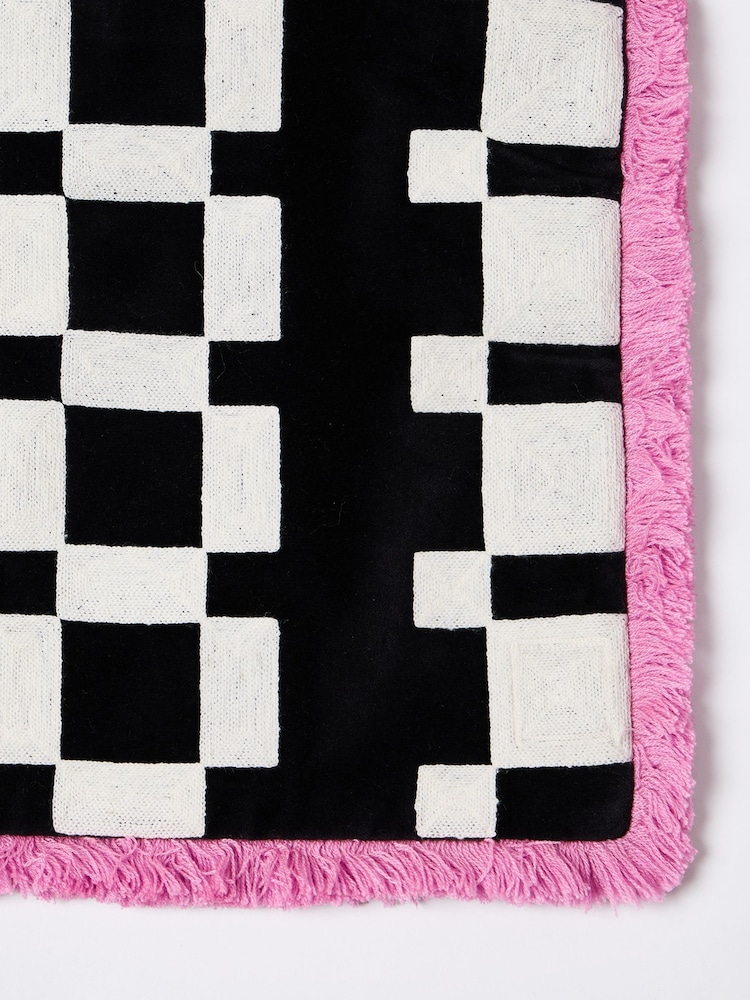 Oliver Bonas Black Embroidered Geometric Fringed Cushion Cover - Image 2 of 4