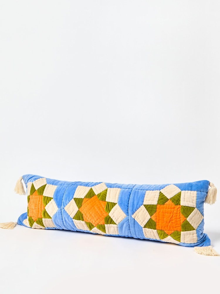 Oliver Bonas Blue Patchwork Quilted Bolster Cushion - Image 2 of 6 Oliver Bonas Blue Patchwork Quilted Bolster Cushion - Image 2 of 6