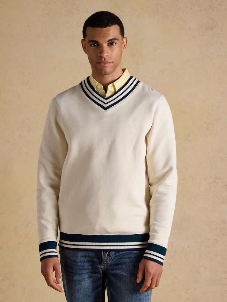Joules Cream Brushed Cotton Rib Neck Sweatshirt - Image 2 of 10