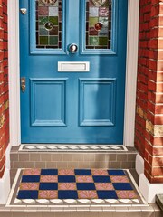 Oliver Bonas Blue Chequerboard Floral Doormat - Image 1 of 3