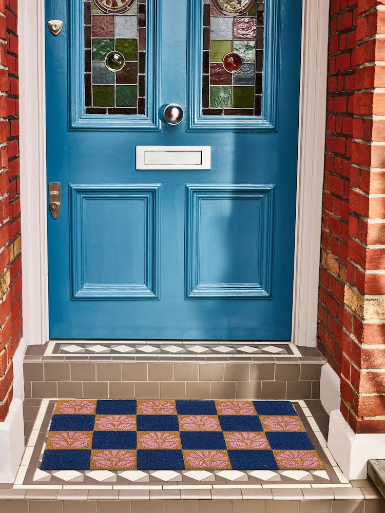 Oliver Bonas Blue Chequerboard Floral Doormat - Image 1 of 3