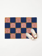 Oliver Bonas Blue Chequerboard Floral Doormat - Image 2 of 3