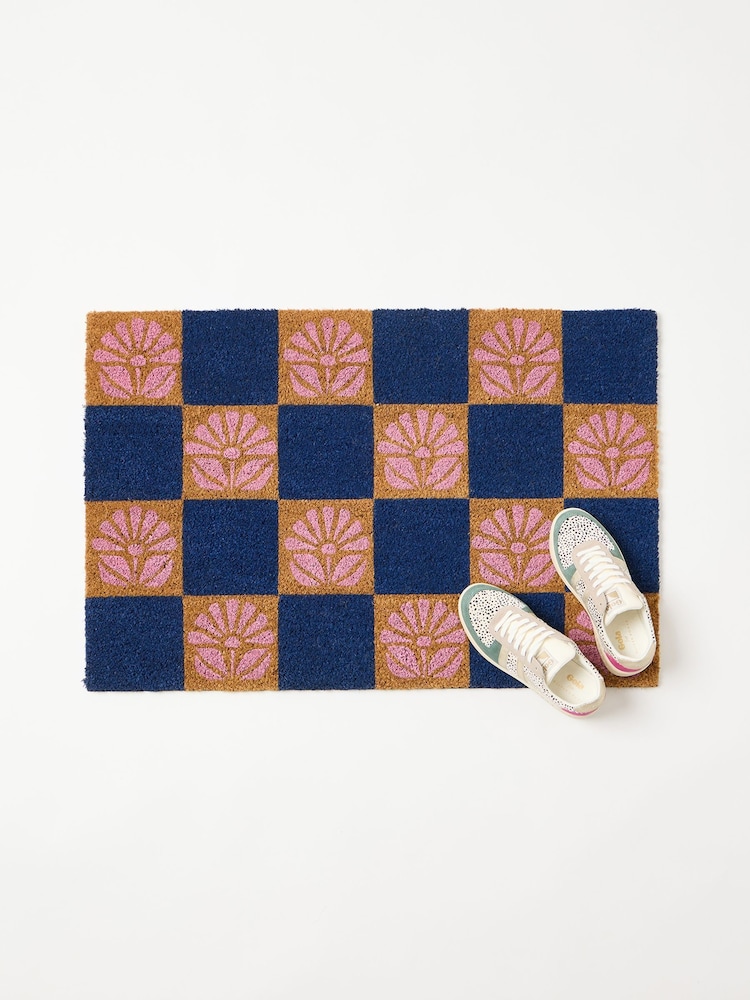 Oliver Bonas Blue Chequerboard Floral Doormat - Image 2 of 3
