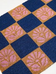 Oliver Bonas Blue Chequerboard Floral Doormat - Image 3 of 3