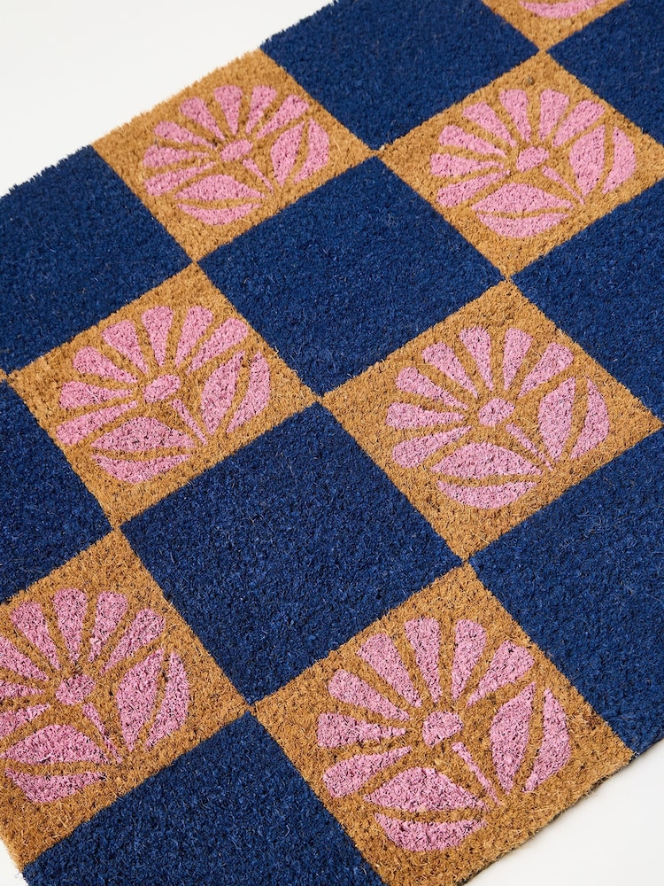 Oliver Bonas Blue Chequerboard Floral Doormat - Image 3 of 3