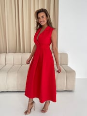 Girl In Mind Red Cameron Collared Tailored Shirt Dress - Image 3 of 6