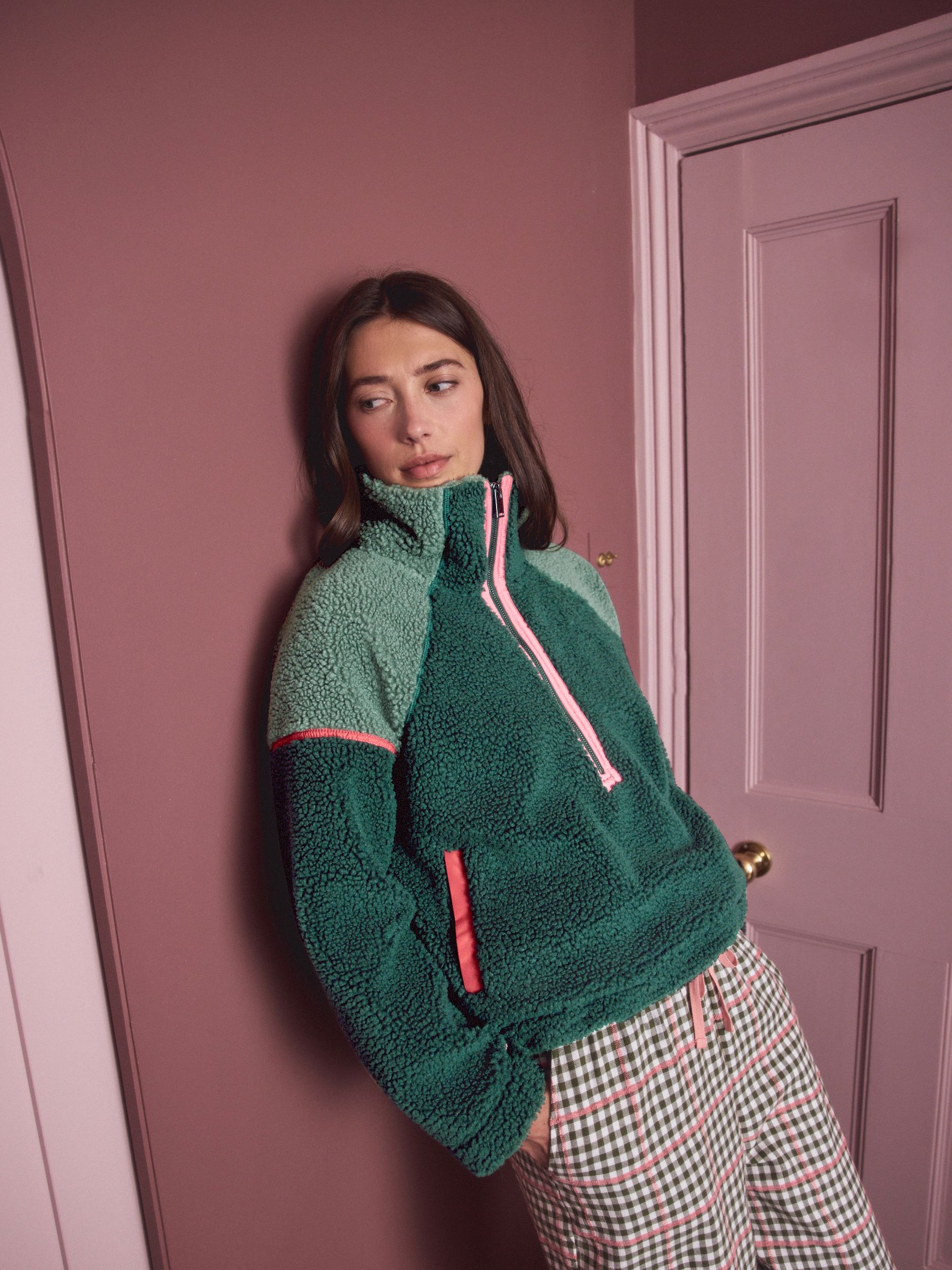 Buy Green/Pink Half Zip Borg Fleece from Next USA