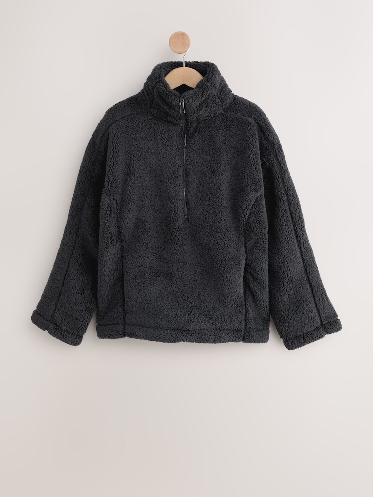 Schwarz - Fleece-Top aus Teddyfell mit kurzem Reißverschluss - Bild 1 von 3