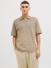 JACK & JONES Brown Split Neck Knitted 100% Cotton Polo Shirt - Image 1 of 4