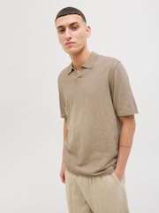JACK & JONES Brown Split Neck Knitted 100% Cotton Polo Shirt - Image 3 of 4