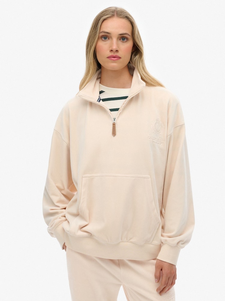 Superdry Pink Country Club Velour 1/4 Zip Sweat Top - Image 1 of 4 Superdry Pink Country Club Velour 1/4 Zip Sweat Top - Image 1 of 4