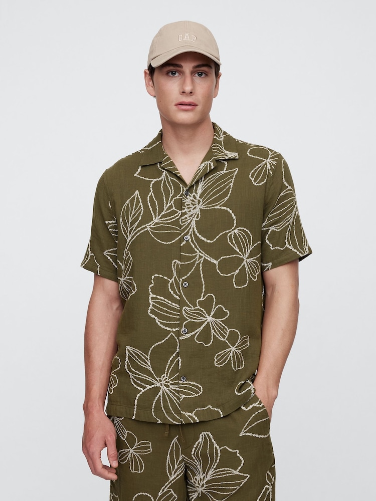 Gap Khaki Green Regular Fit 100% Cotton Crinkle Gauze Holiday Shirt - Image 1 of 4