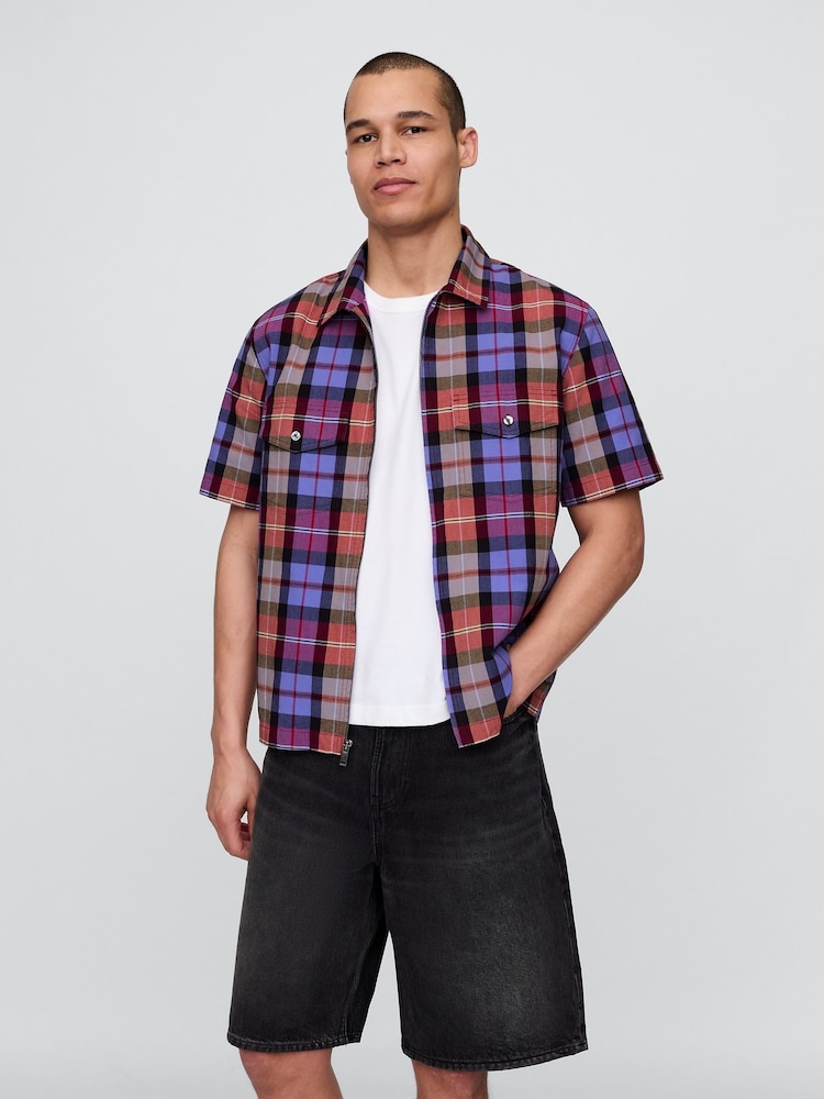 Gap Black/Blue Check Mixed Check Oxford Short Sleeve Shirt - Image 1 of 5