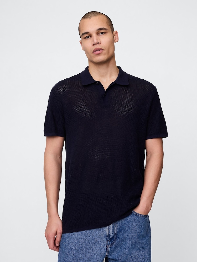 Gap Navy/Blue Textured Crochet Short Sleeve Polo Shirt - Image 1 of 5