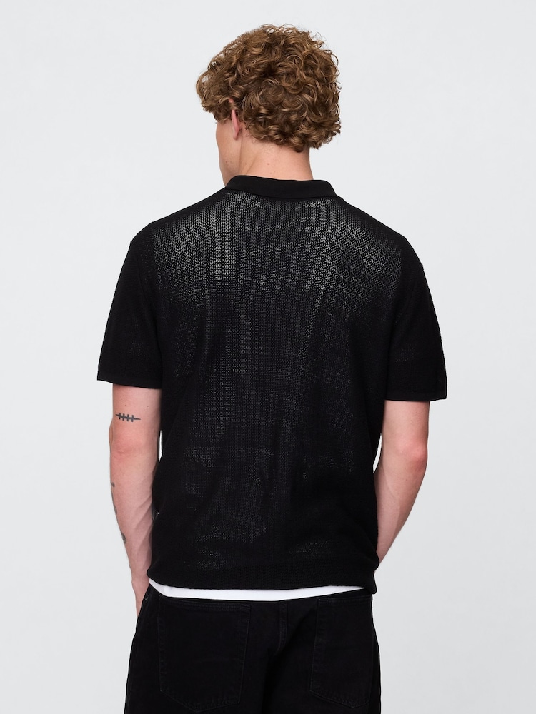 Gap Black Textured Crochet Short Sleeve Polo Shirt - Image 2 of 5