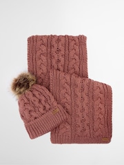 Barbour® Pink Penshaw Pom Beanie Hat & Scarf Gift Box Set - Image 1 of 8