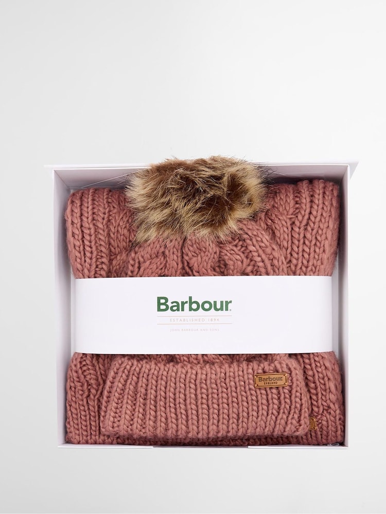 Barbour® Pink Penshaw Pom Beanie Hat & Scarf Gift Box Set - Image 2 of 8 Barbour® Pink Penshaw Pom Beanie Hat & Scarf Gift Box Set - Image 2 of 8