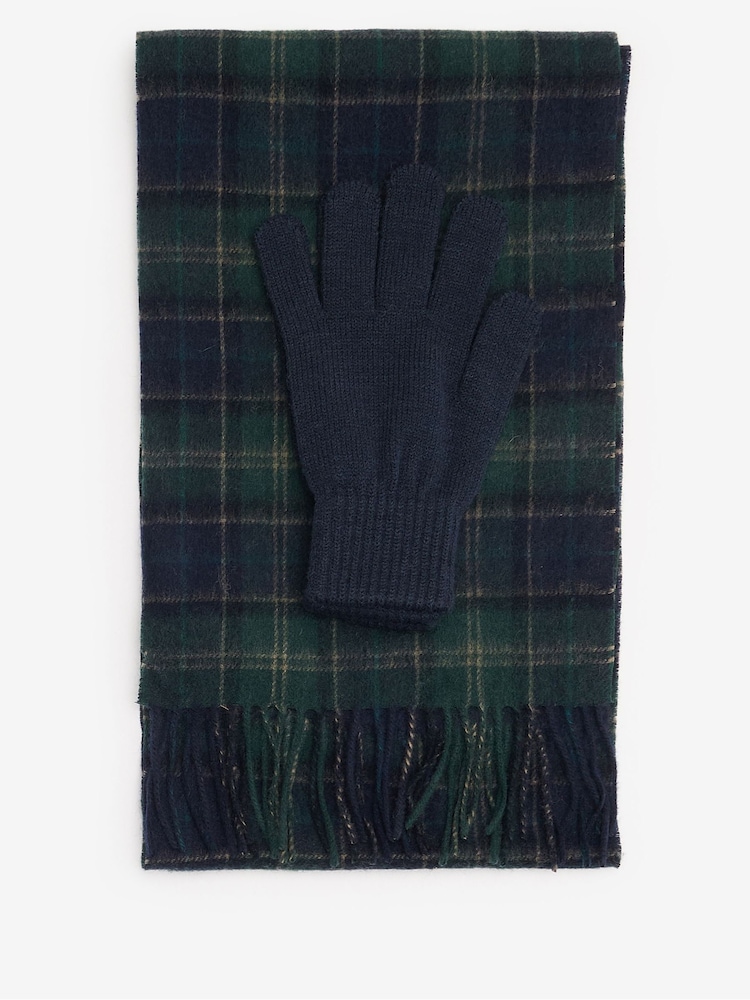 Barbour® Blue Tartan Scarf & Gloves Gift Box Set - Image 1 of 6