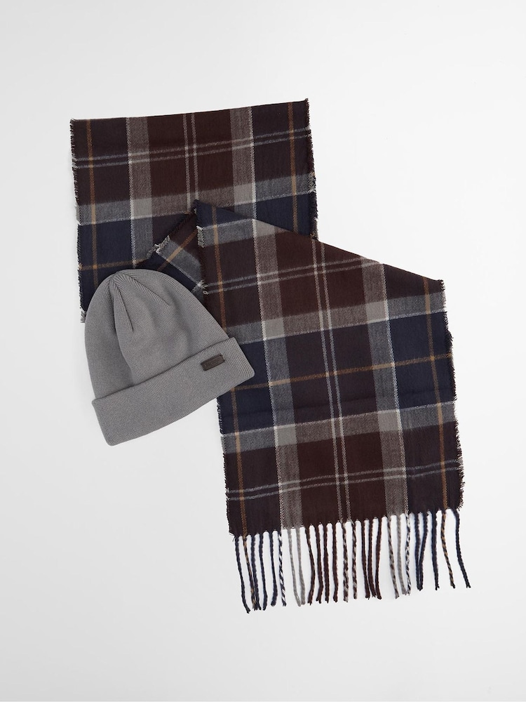 Barbour® Blue Tartan Swinton Beanie Hat & Scarf Gift Box Set - Image 1 of 8