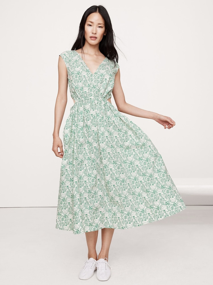 Banana Republic Green Cotton Poplin Side Cut-Out Midi Dress - Image 1 of 4