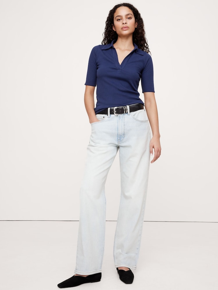 Темно-синий - Banana Republic Ribbed Cotton-Modal Elbow-Sleeve Polo Shirt - Изображение 1 из 1